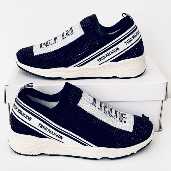NWT TRUE RELIGION 7.5 Aurelia Bling Black White Silver Pull On Platform Sneakers - Picture 1 of 12